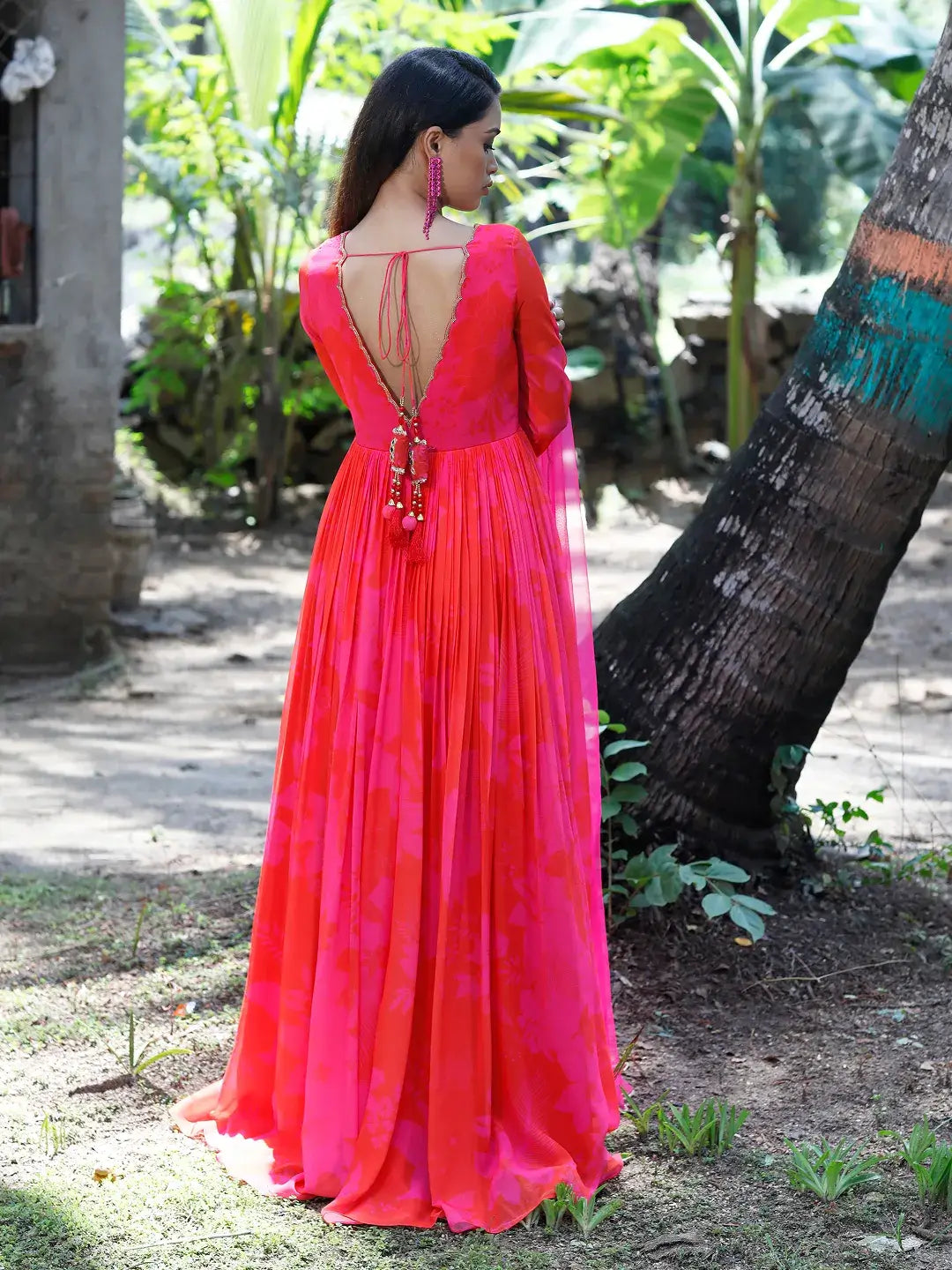 Pink/Red Printed Scallop Anarkali Set