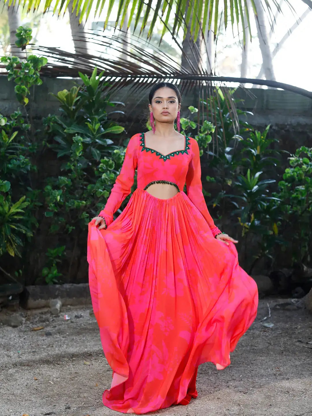 Pink/Red Printed cut-out Anarkali Set