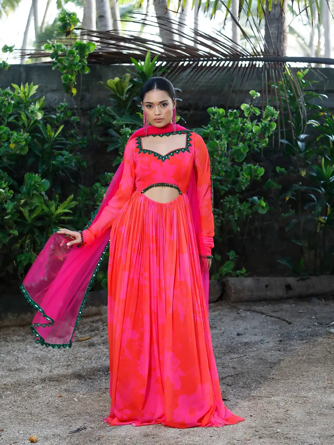 Pink/Red Printed cut-out Anarkali Set