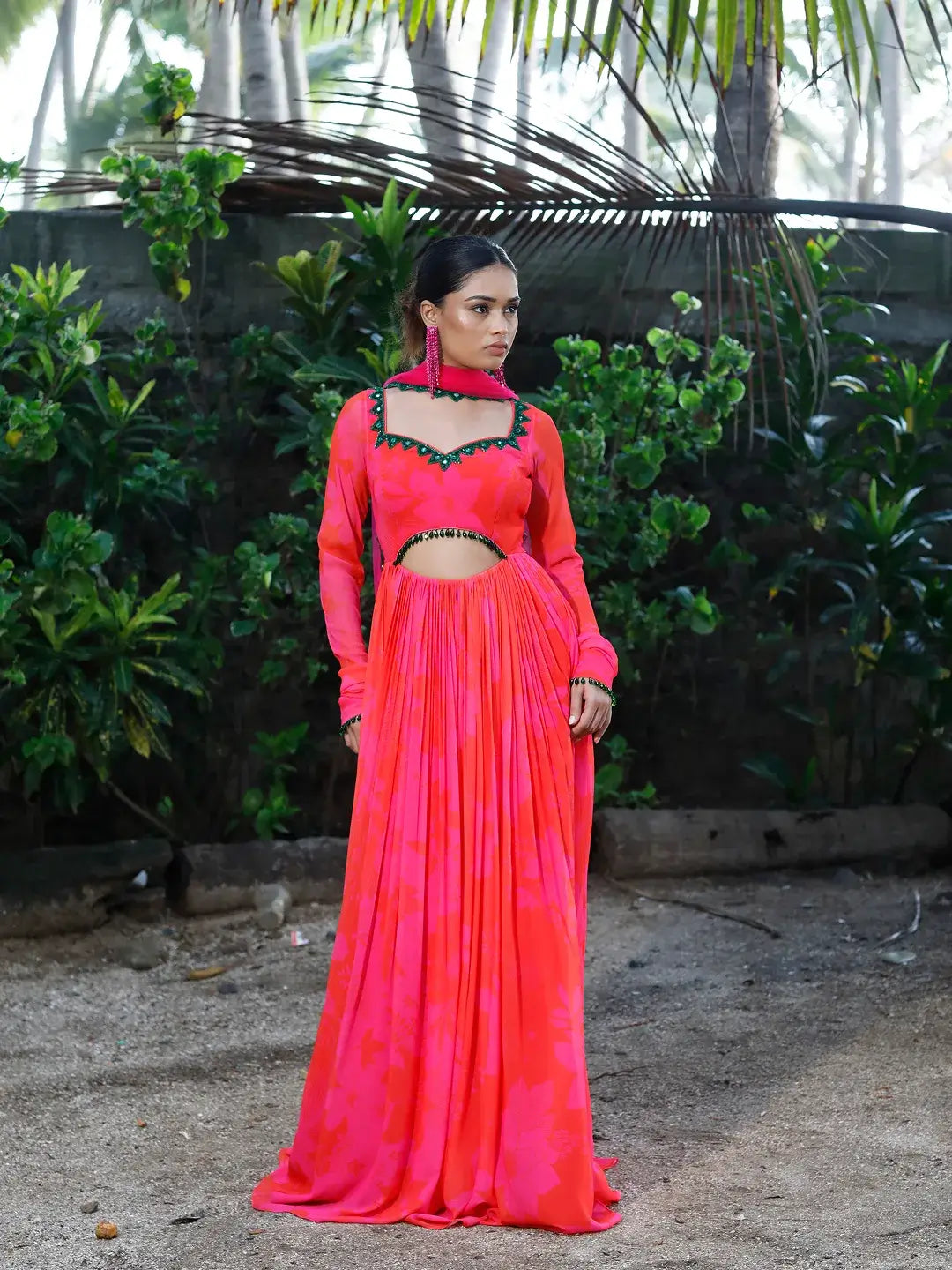 Pink/Red Printed cut-out Anarkali Set