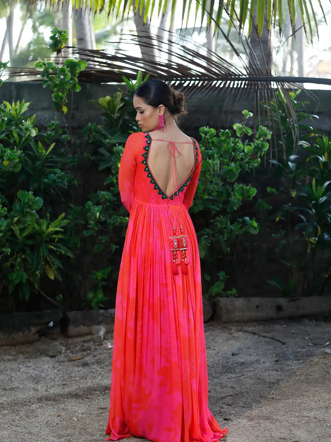 Pink/Red Printed cut-out Anarkali Set