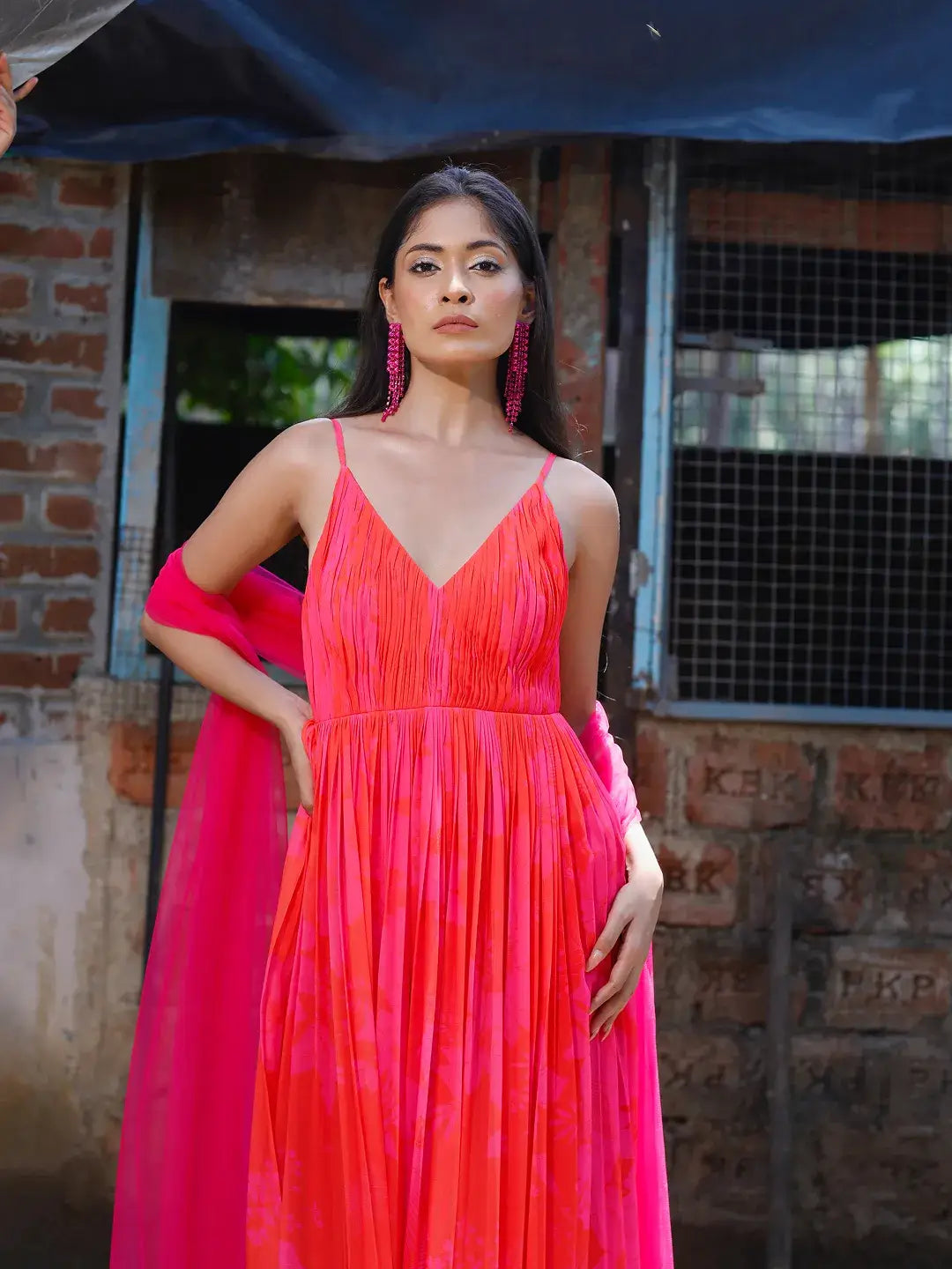 Pink/Red Printed Strappy Ruched Anarkali Set