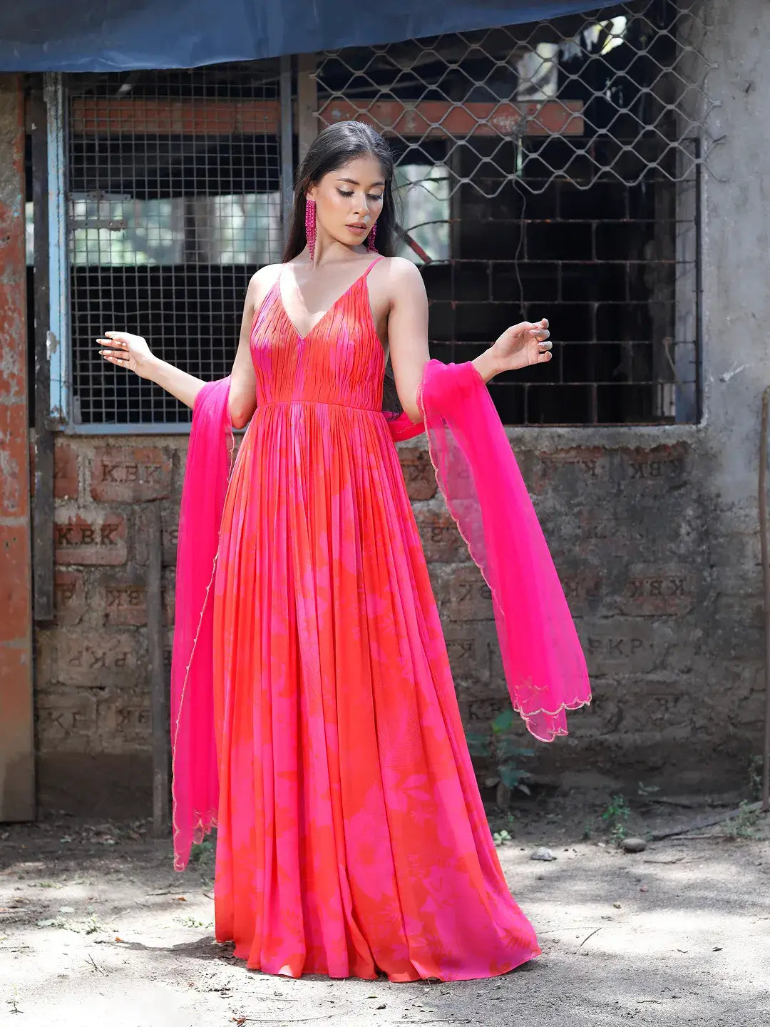 Pink/Red Printed Strappy Ruched Anarkali Set