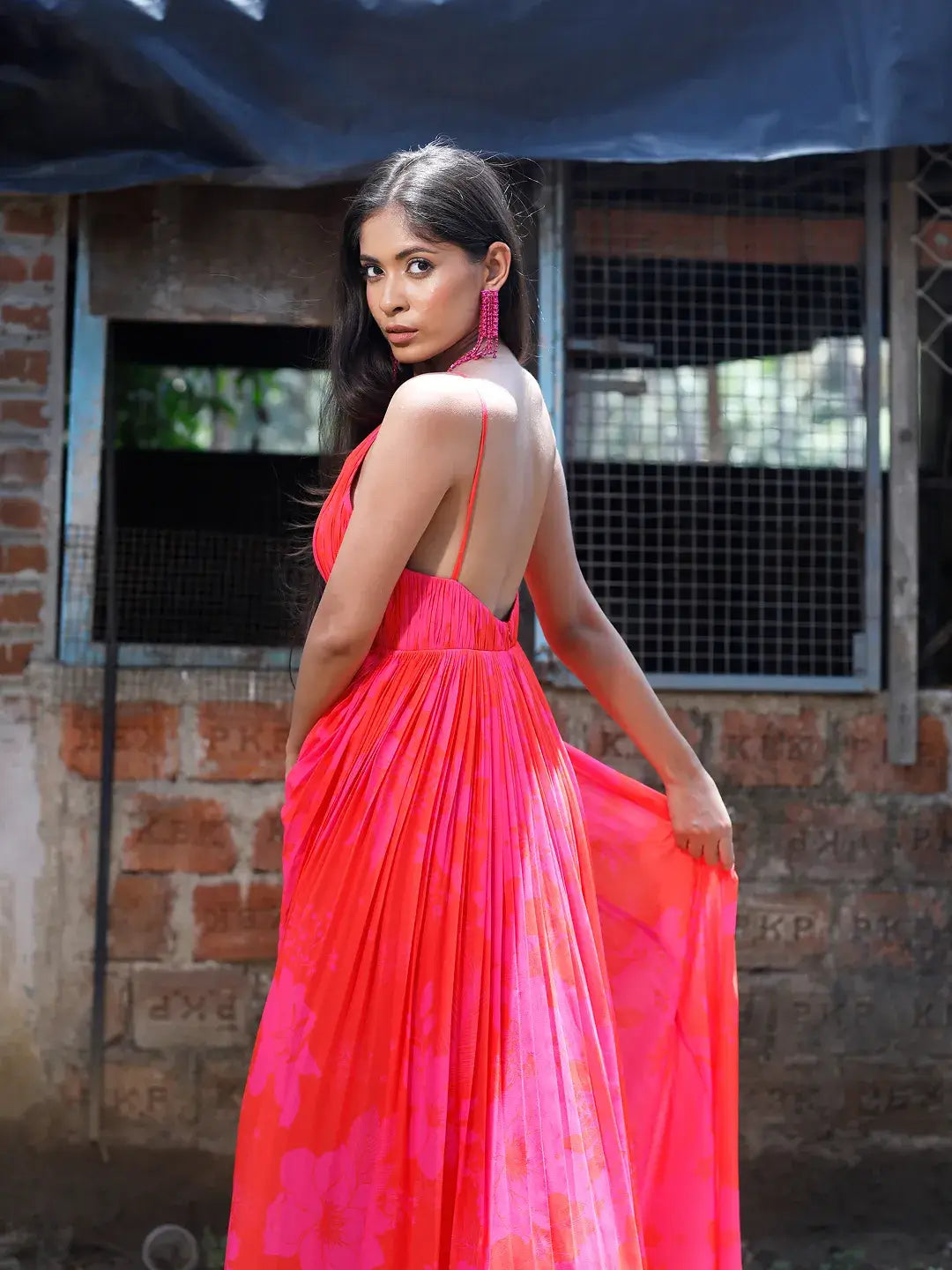 Pink/Red Printed Strappy Ruched Anarkali Set