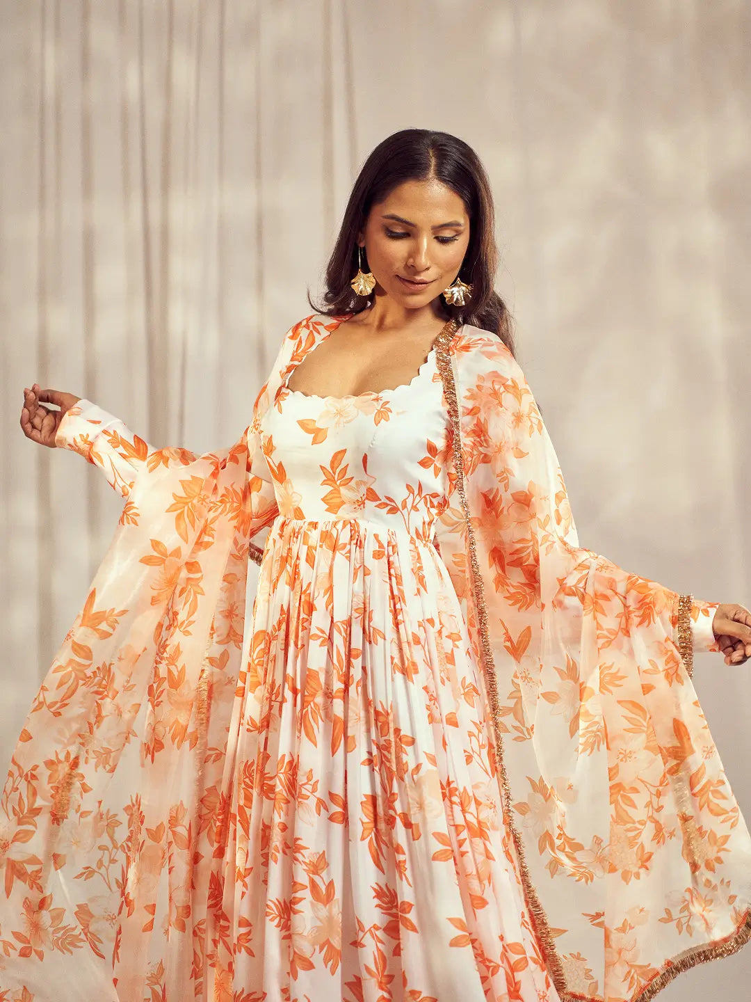 Burnt Orange Self Scallop Anarkali Set