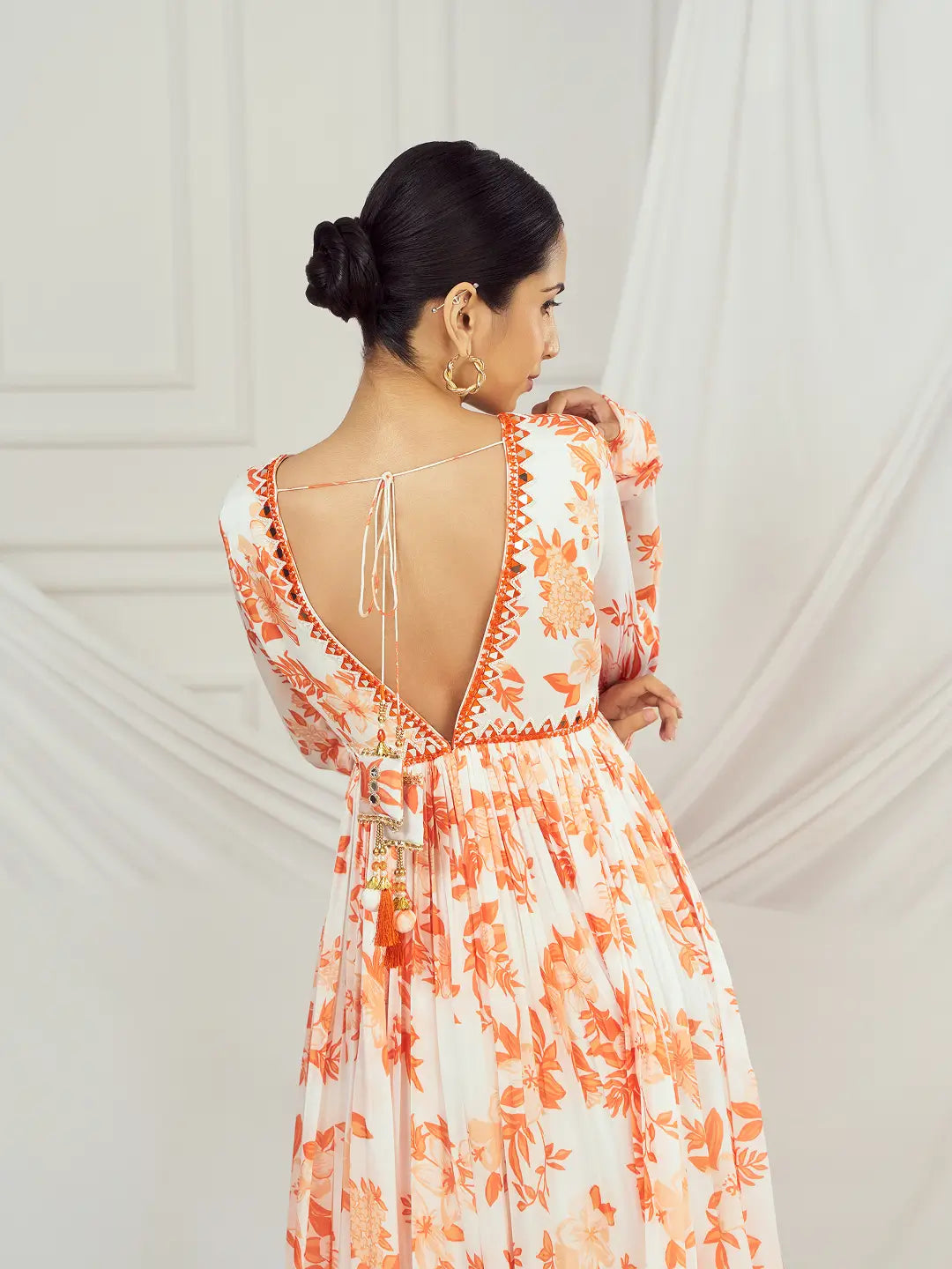 Burnt Orange Print Mirror-work Anarkali Set