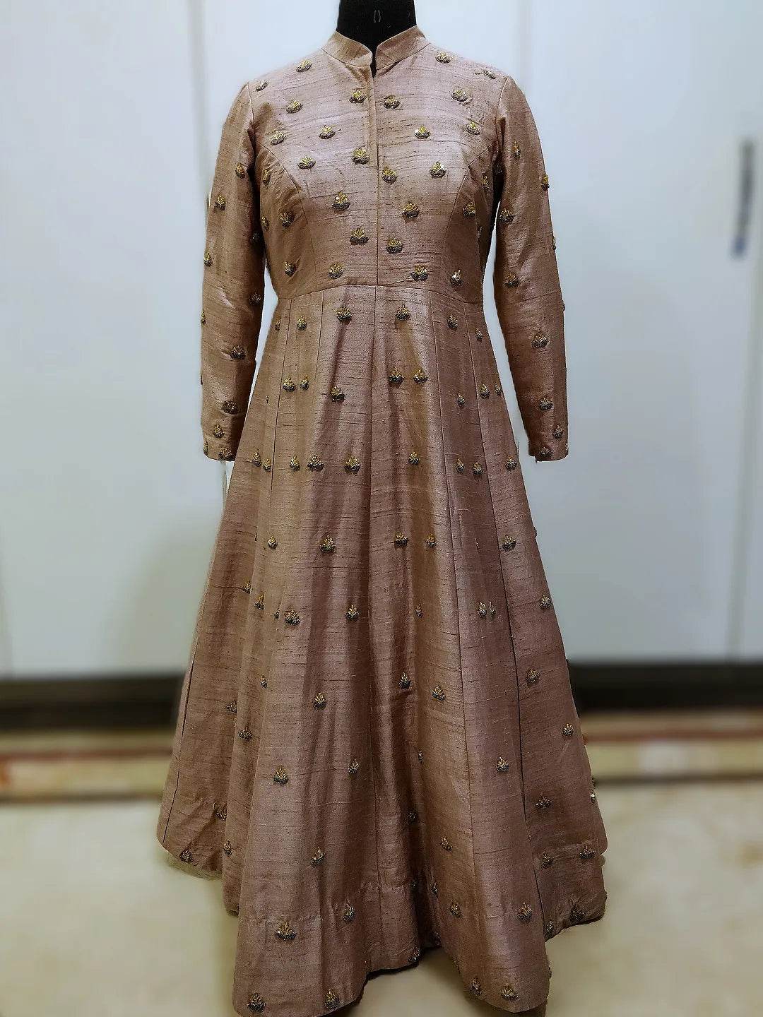 Embroidered structured silk gown