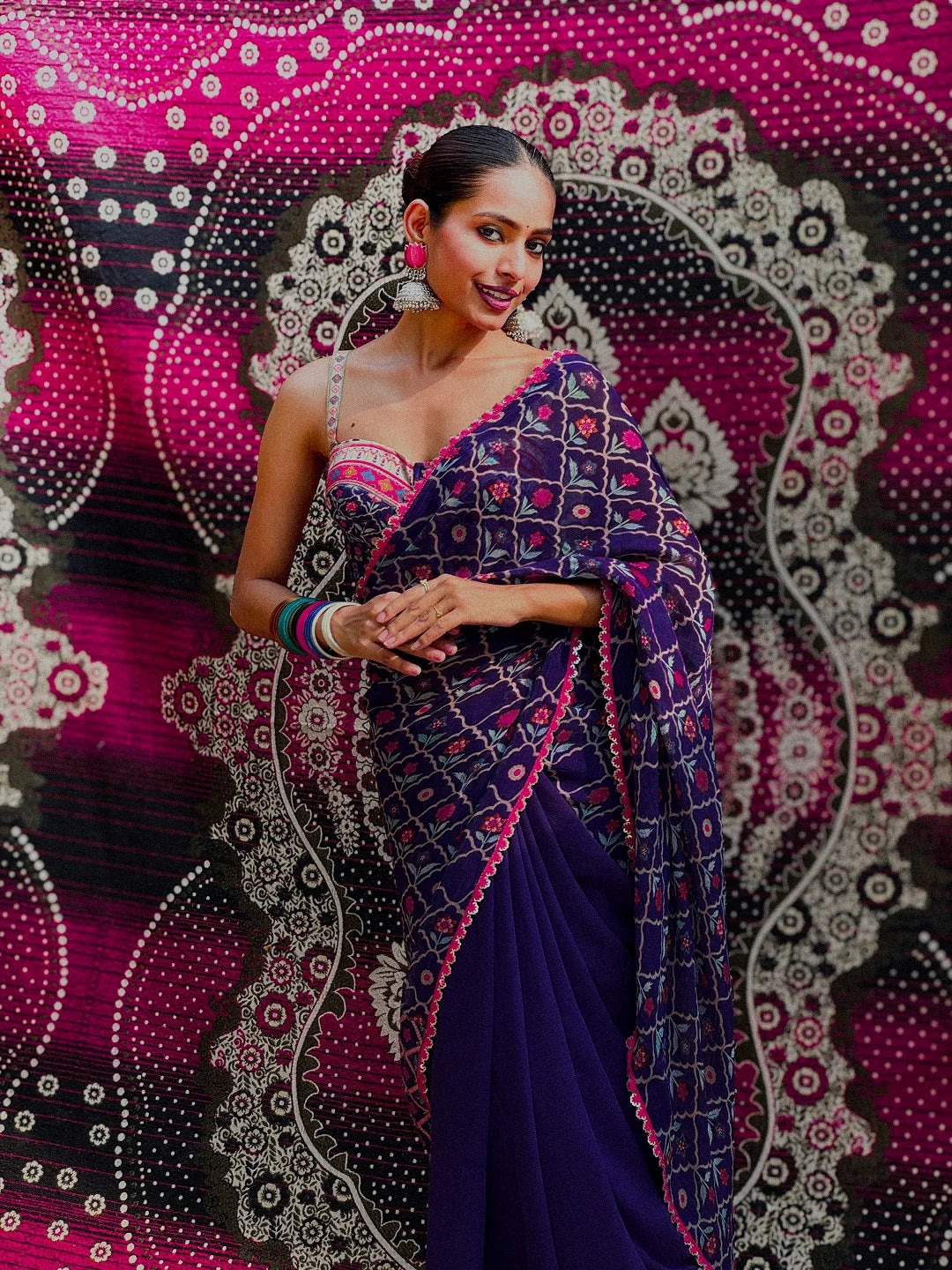 Purple printed saree with bustier blouse set
