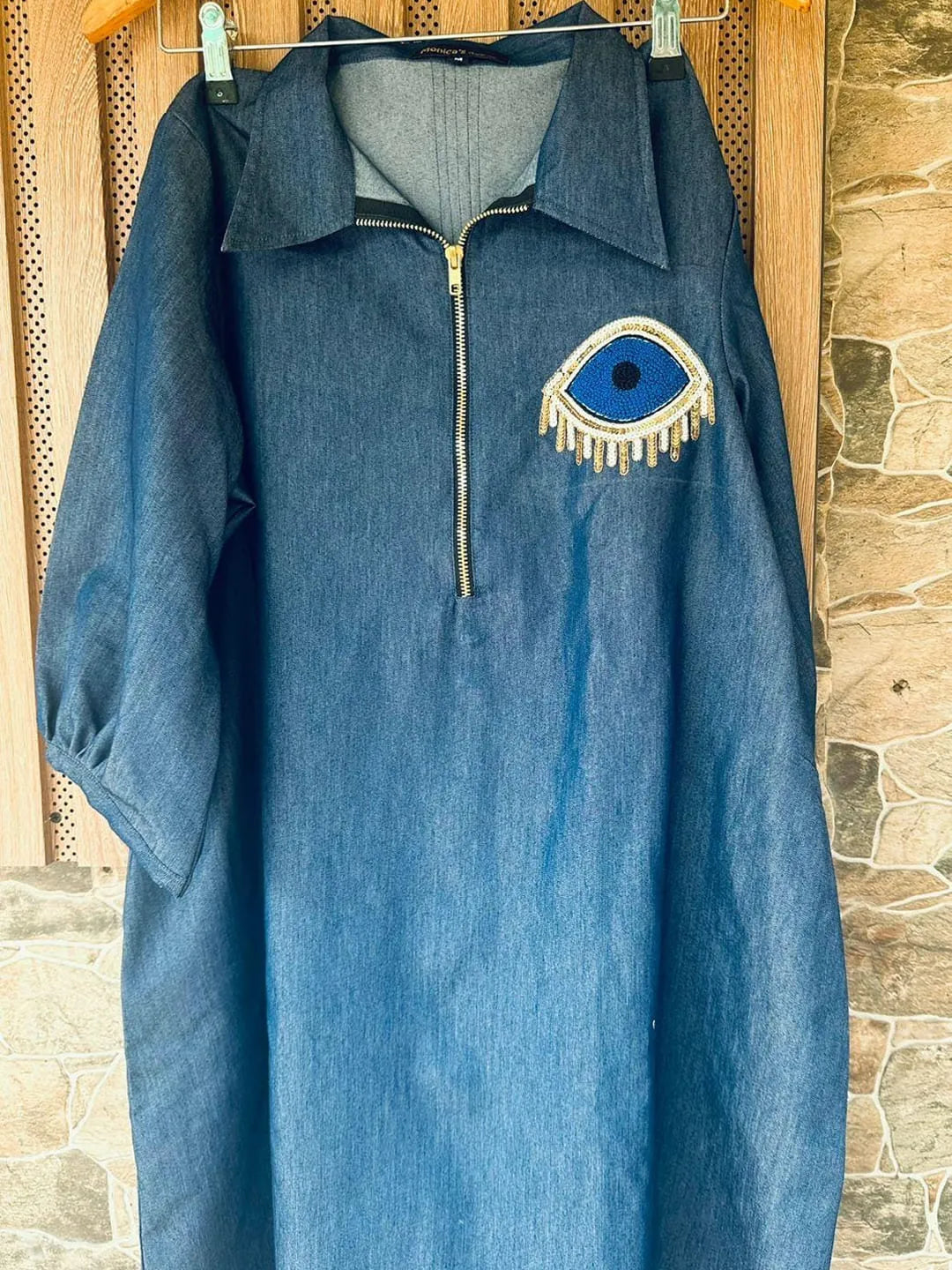 Zipper Denim dress with evil eye motiff