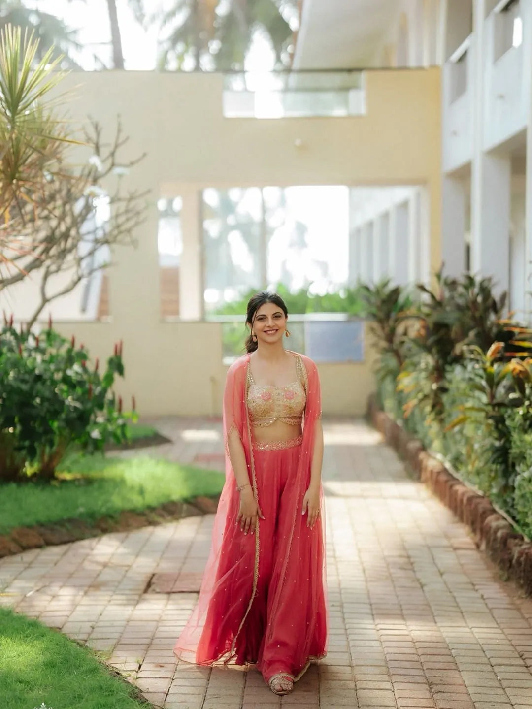 Coral pallazo with embroidered blouse and cape set