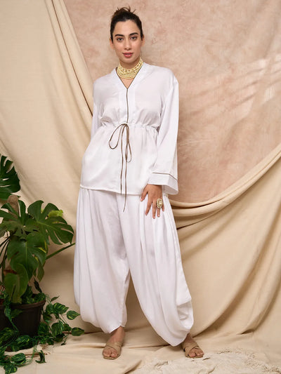 White Drawstring Top Pant Set