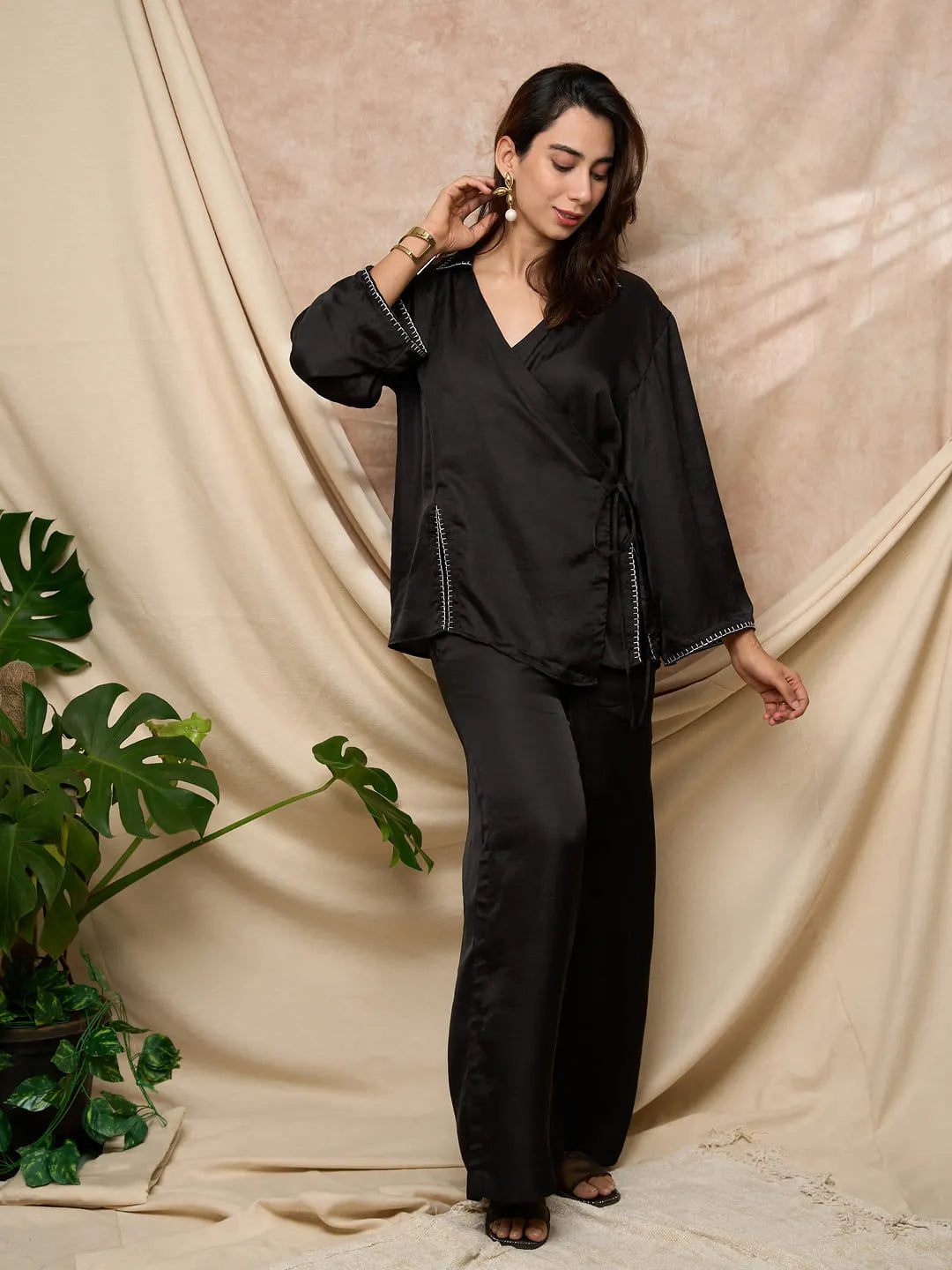 Black Overlap Shirt Pant Set