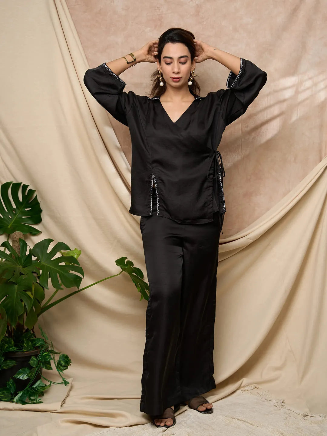 Black Overlap Shirt Pant Set