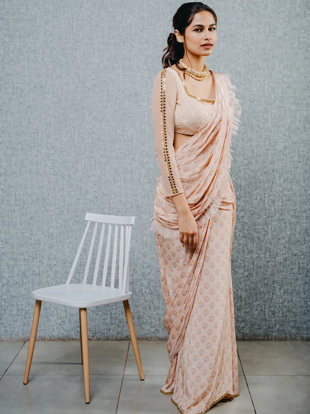 Peach print draped saree and embroidered blouse set