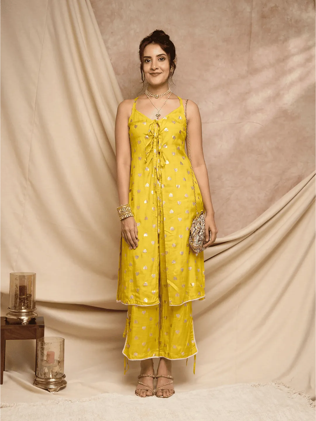 Lime Green Foil Printed Kurta Set