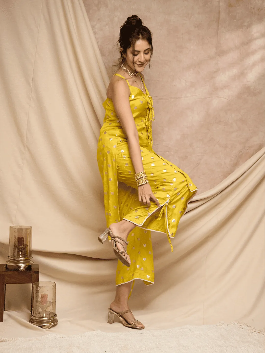 Lime Green Foil Printed Kurta Set