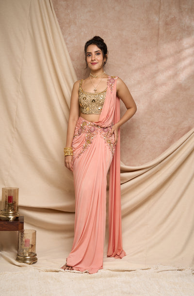 Peach pre-stitched saree  with acrylic embroidered  blouse