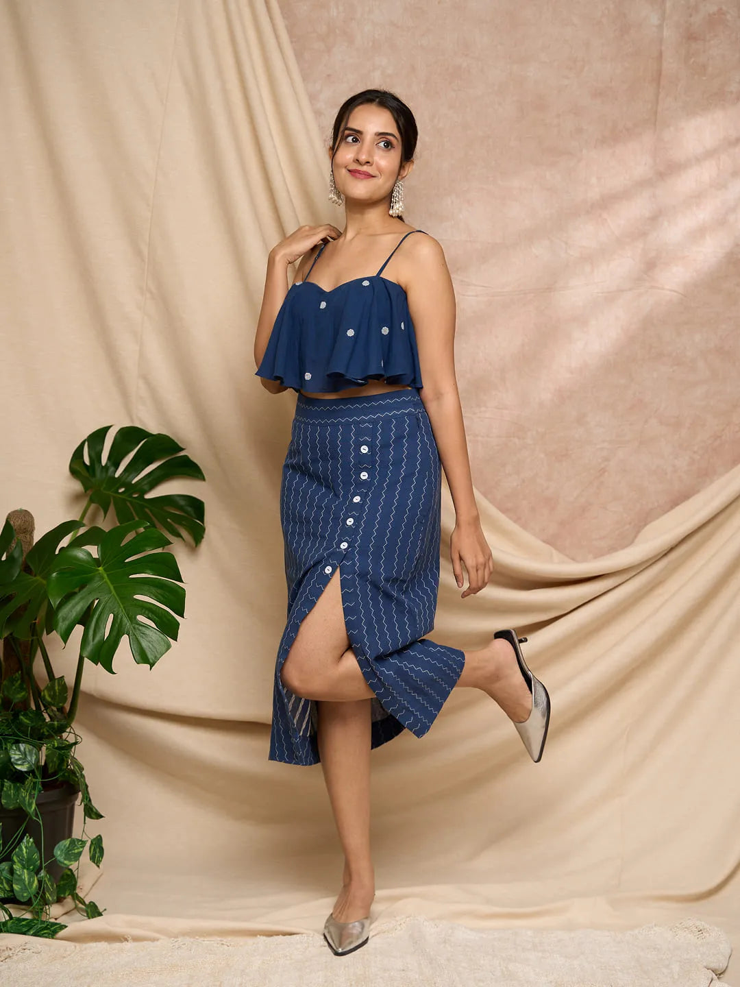 Blue polka dots top and skirt set