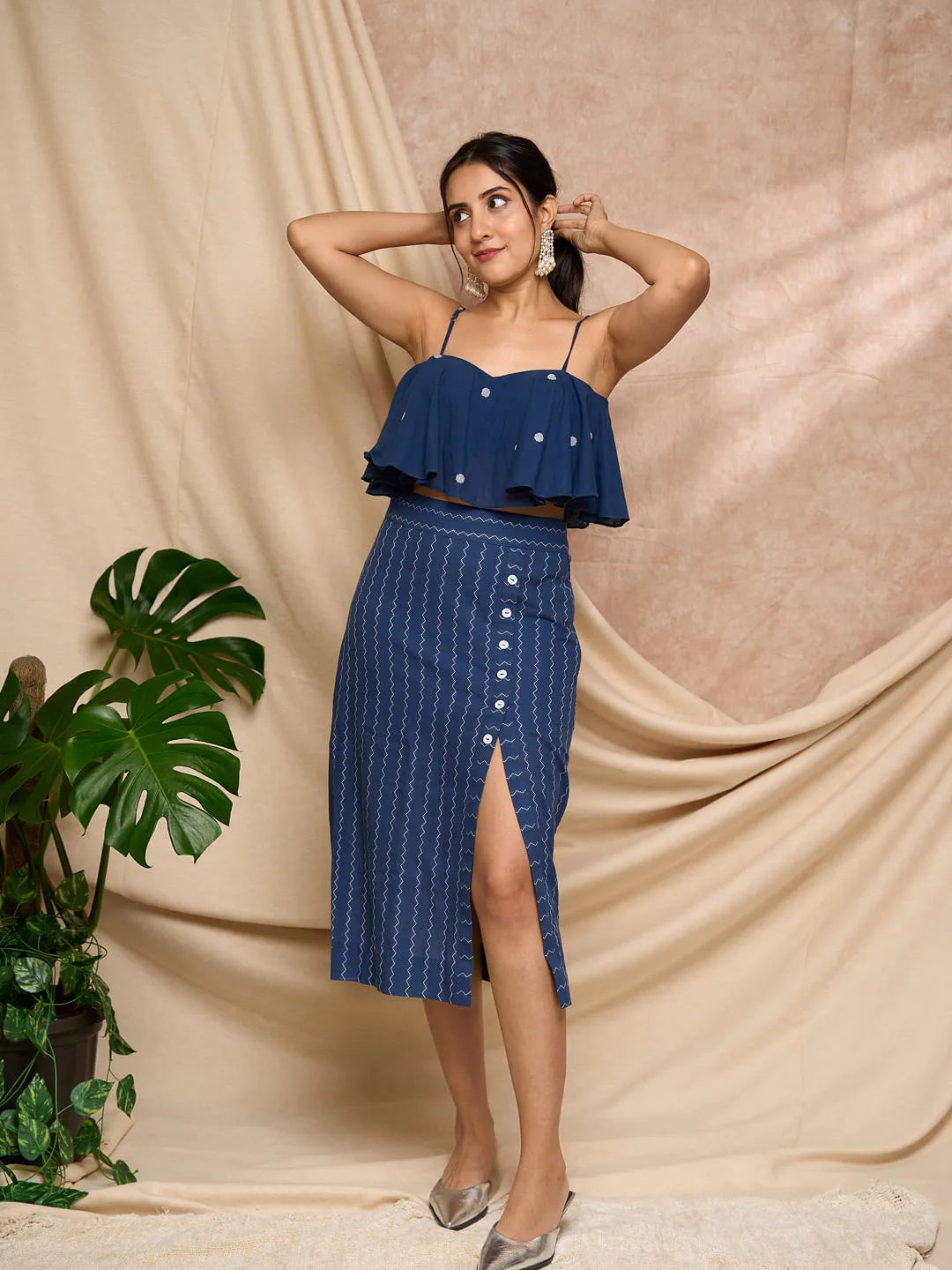 Blue polka dots top and skirt set