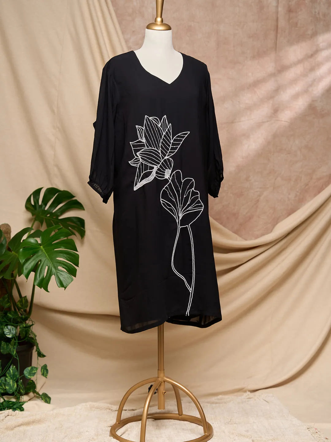 Black Dress With Pearl Flower
