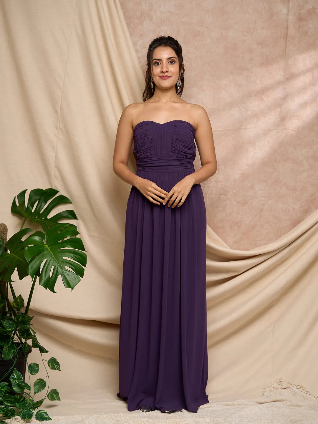 pleated long wine dress