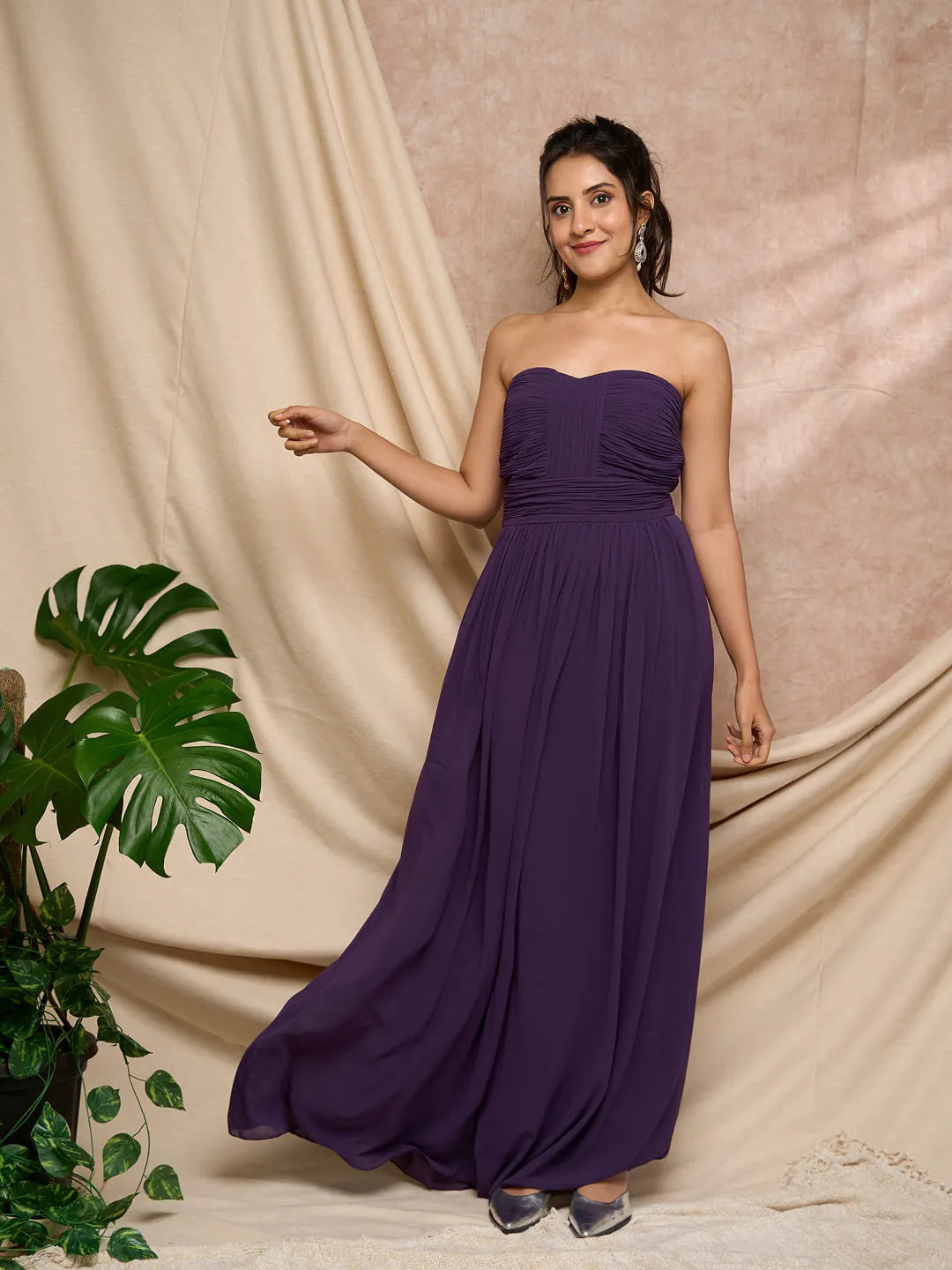 pleated long wine dress