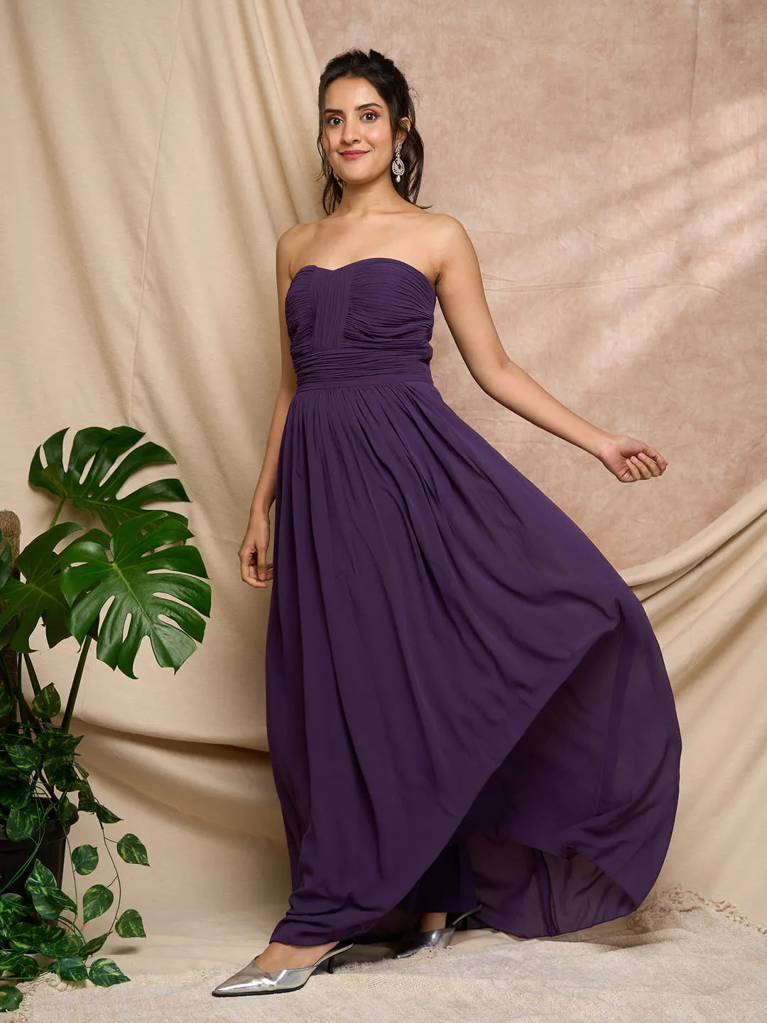 pleated long wine dress