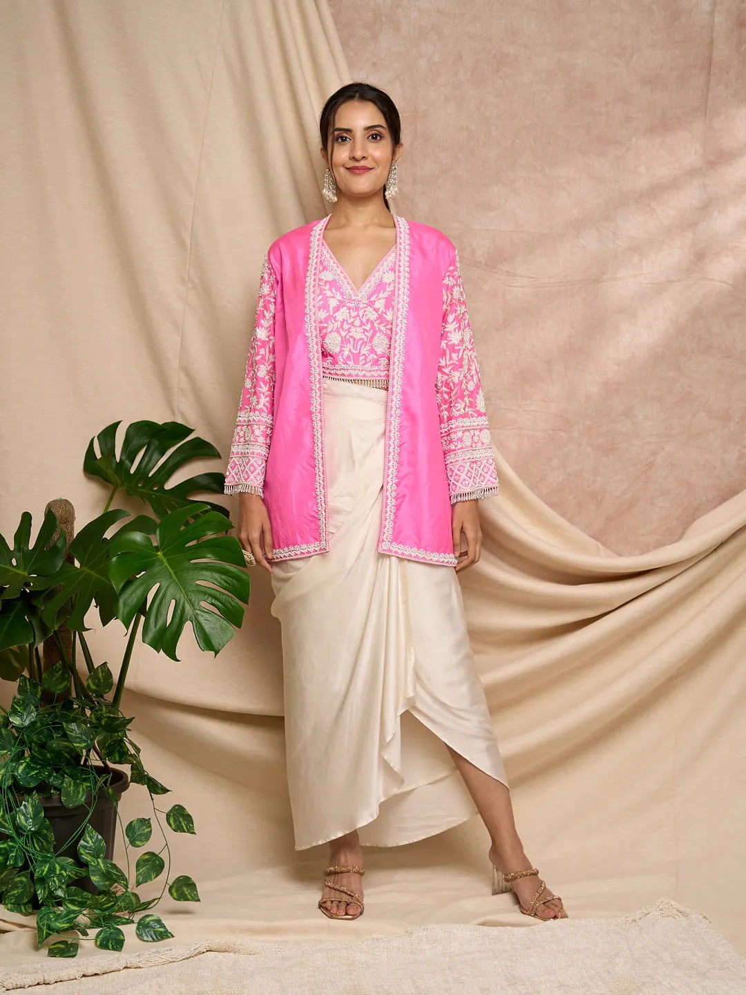 ⁠Hot pink Aari work jacket and blouse