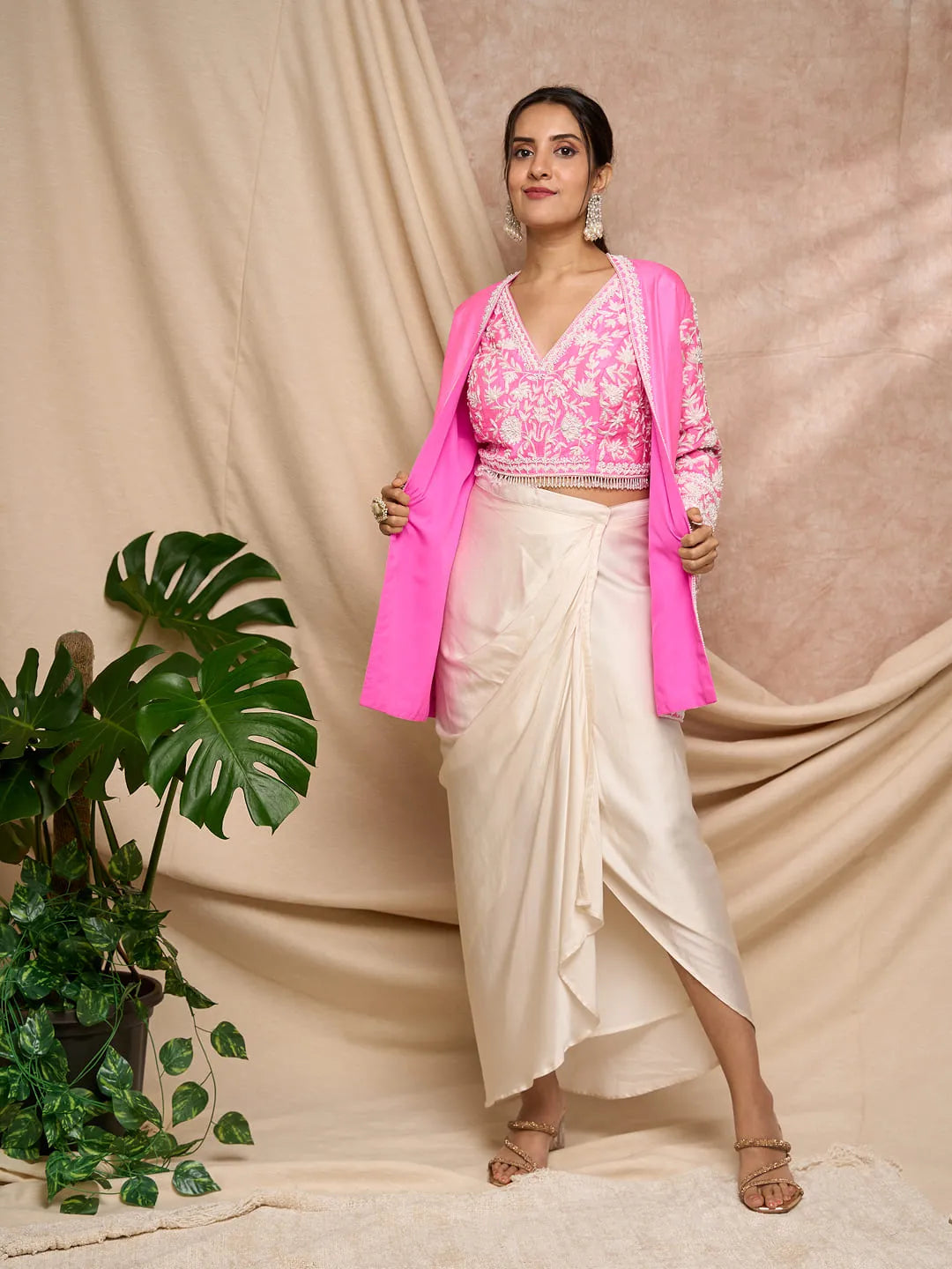 ⁠Hot pink Aari work jacket and blouse
