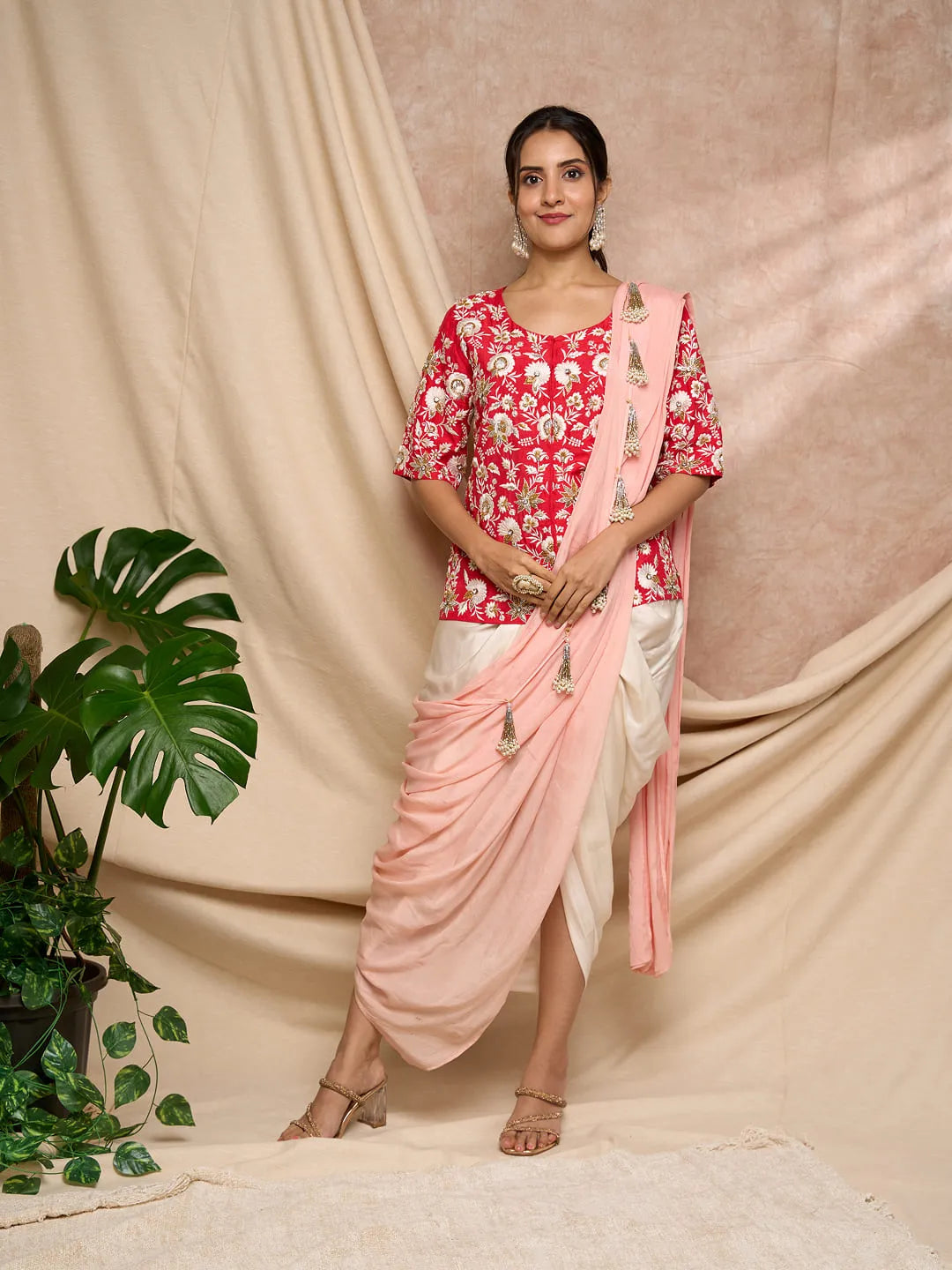 Red tunic dhoti wrap set
