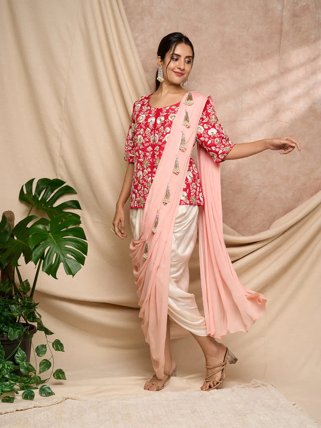 Red tunic dhoti wrap set