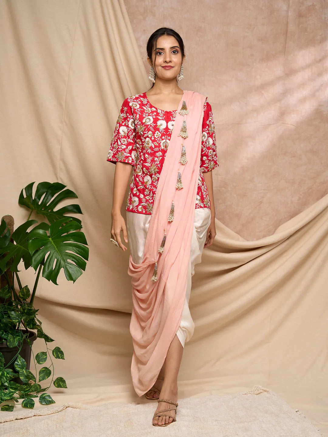 Red tunic dhoti wrap set