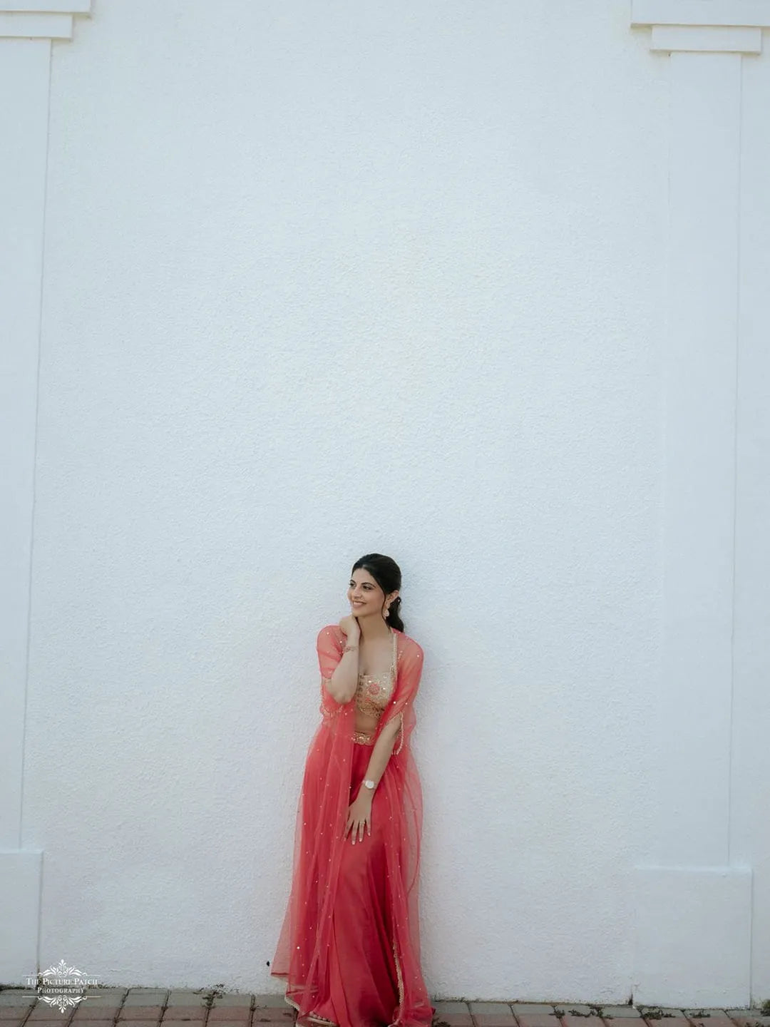 Coral pallazo with embroidered blouse and cape set