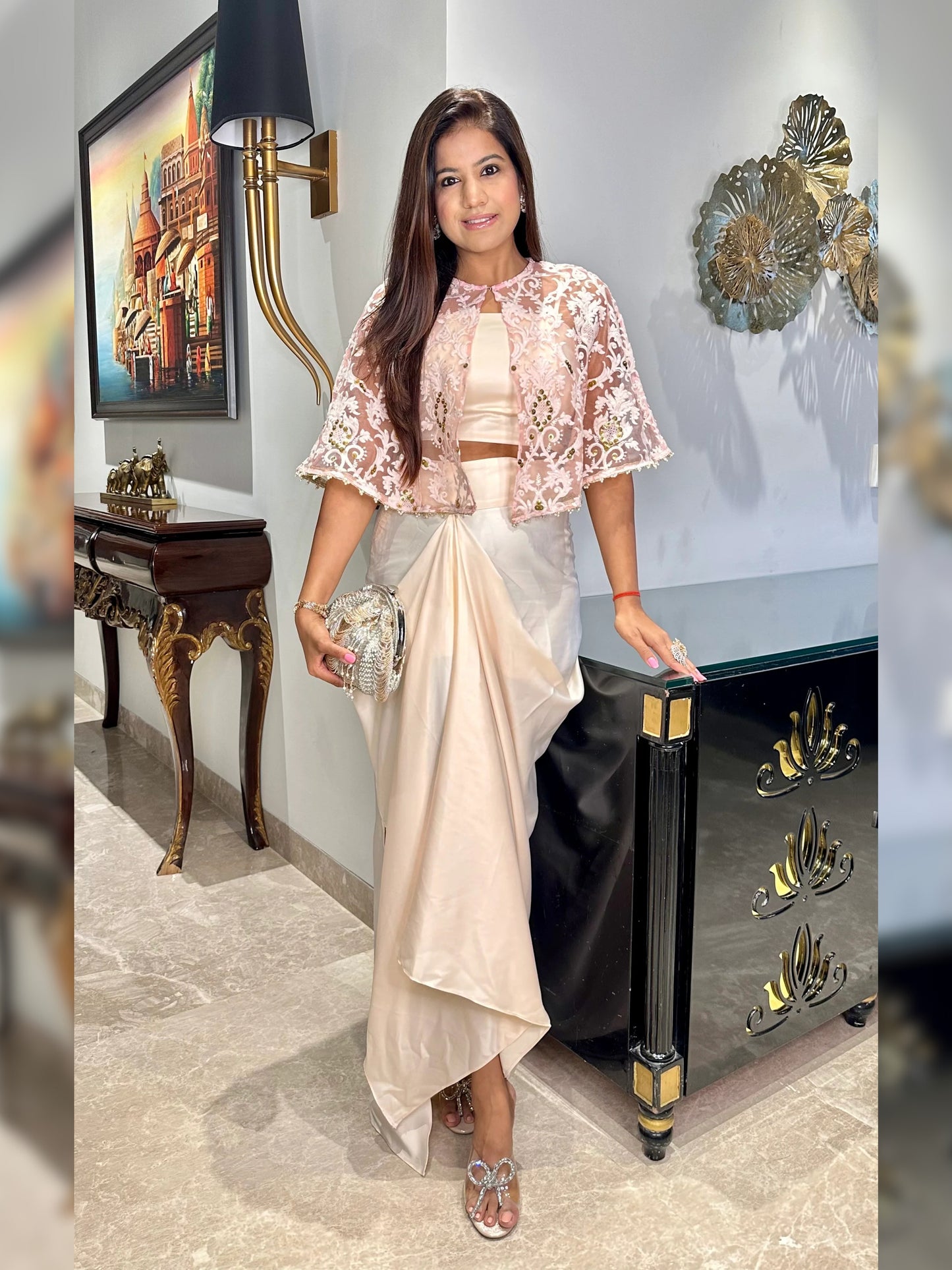 Rose radiance draped skirt set