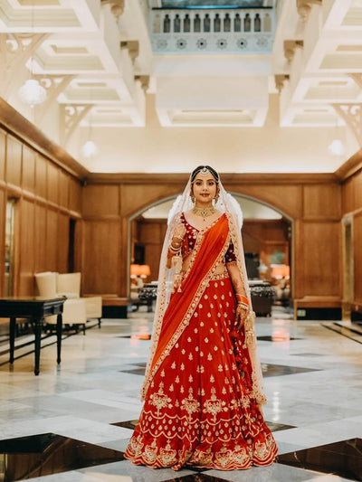 Red bridal embroidered lehenga and blouse with two dupptta set