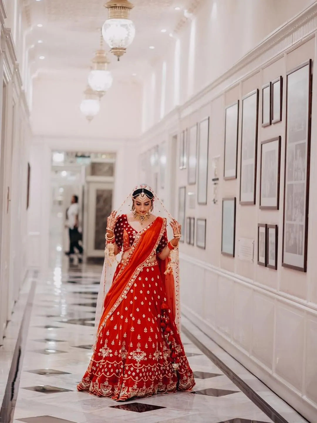 Red bridal embroidered lehenga and blouse with two dupptta set
