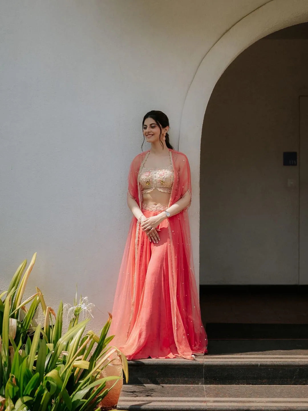 Coral pallazo with embroidered blouse and cape set