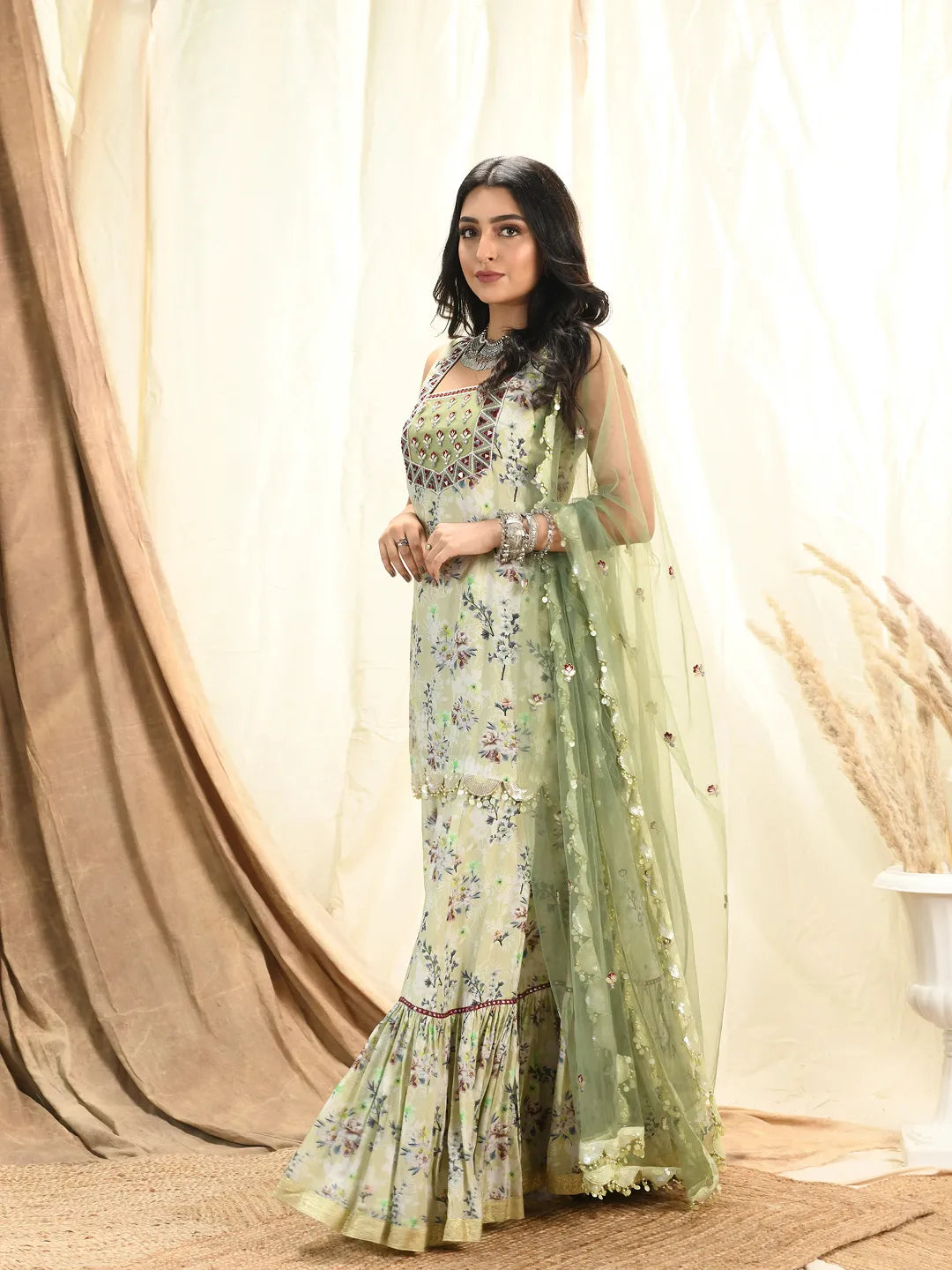 Sage printed kurta and sharara set