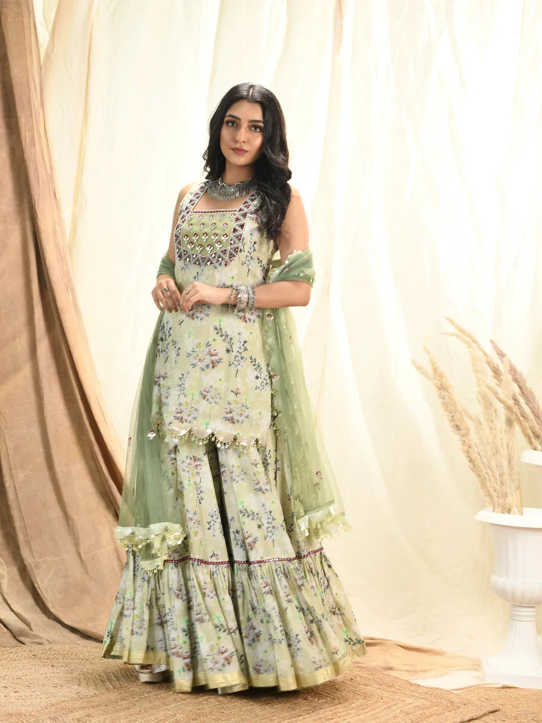 Sage printed kurta and sharara set