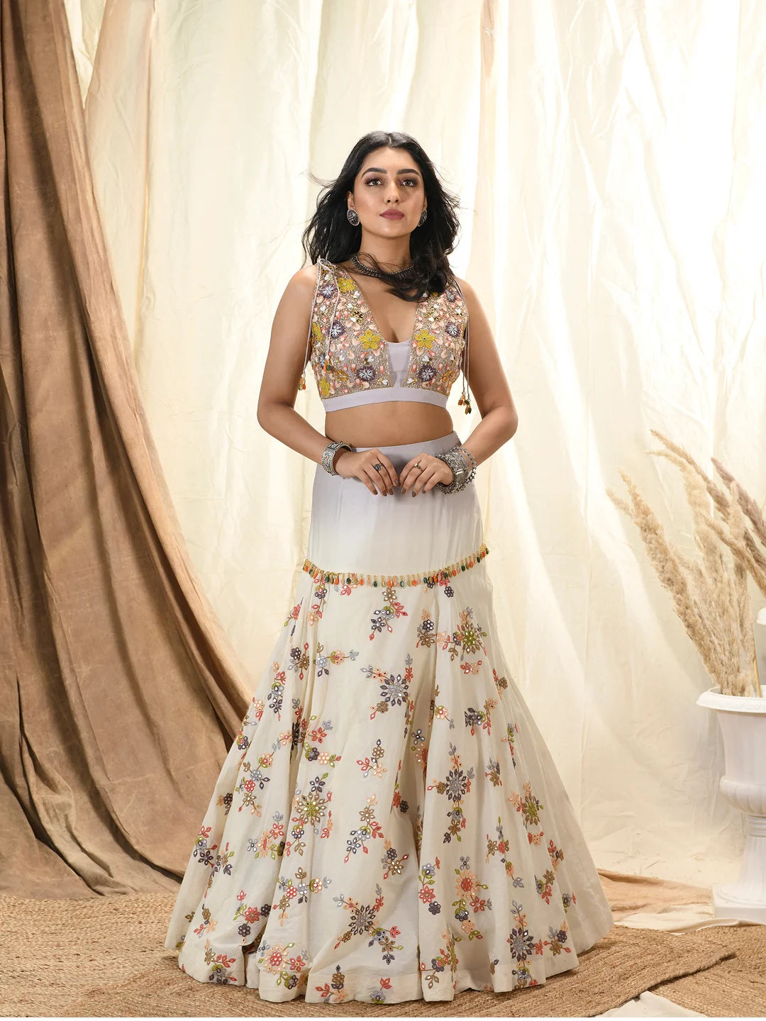 Floral mirror & thread embroidered lehenga set