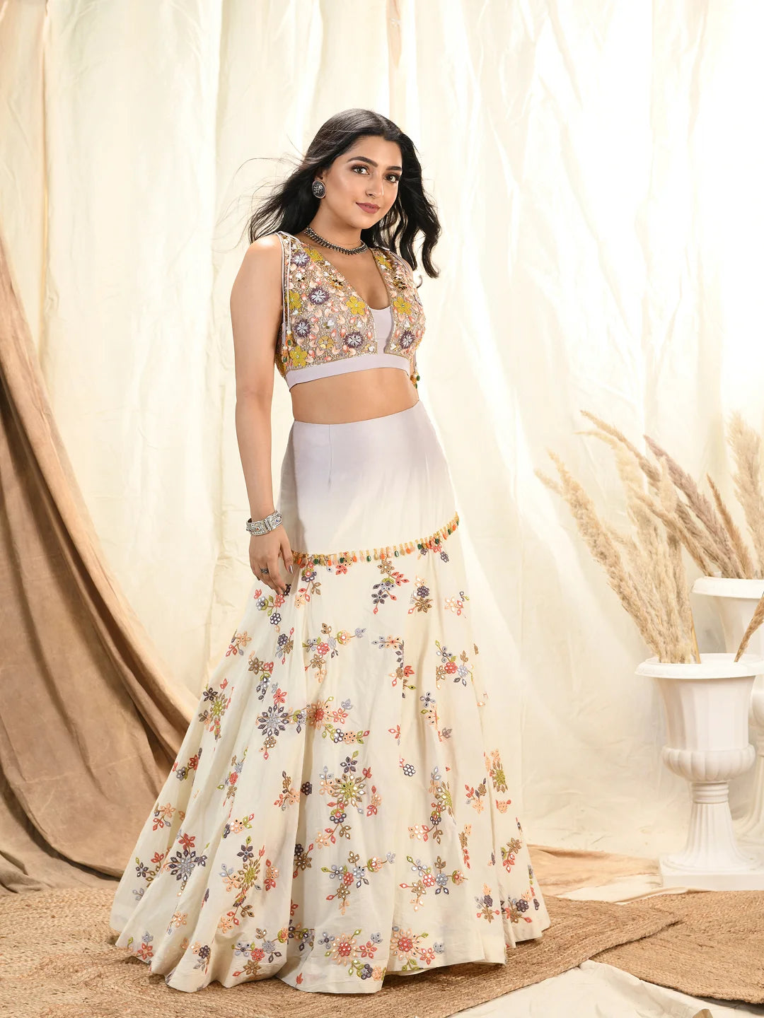 Floral mirror & thread embroidered lehenga set