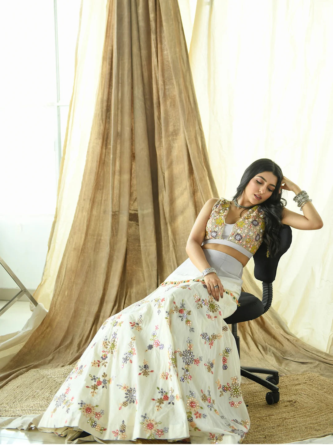 Floral mirror & thread embroidered lehenga set