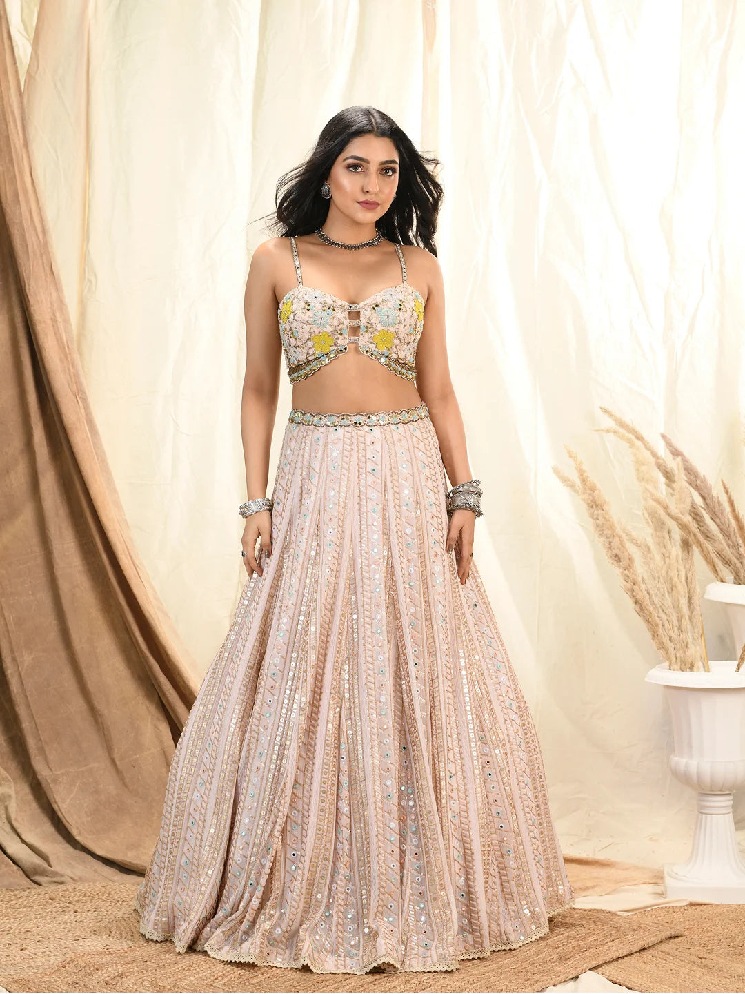 Pastel mirror & sequin embroidered lehenga & strappy blouse set
