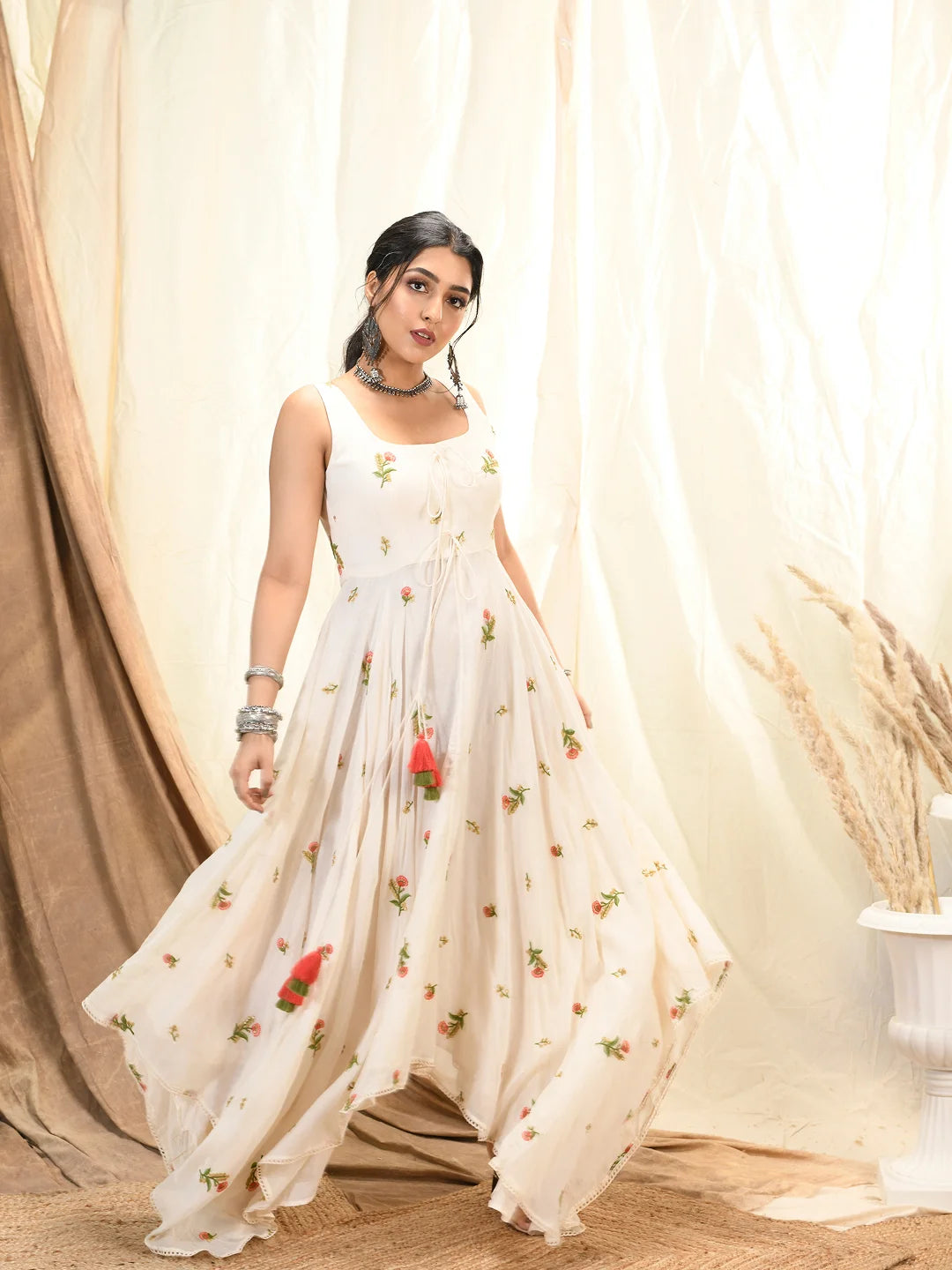 Floral embroidered asymmetrical kurta/dress with  bandhni cape