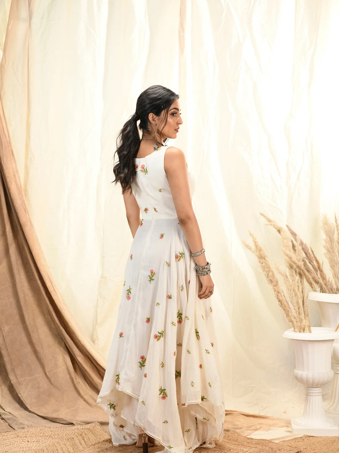 Floral embroidered asymmetrical kurta/dress with  bandhni cape