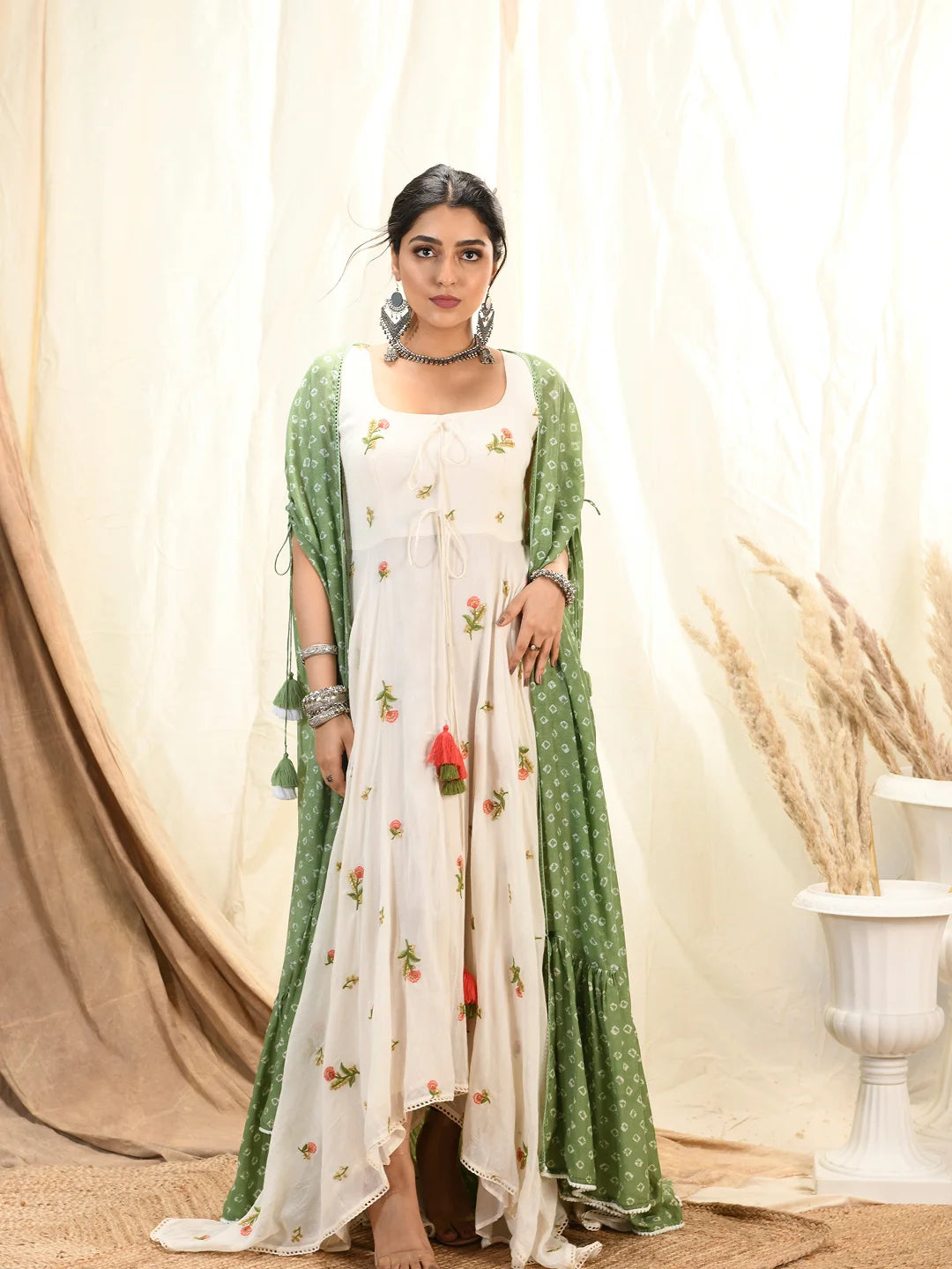 Floral embroidered asymmetrical kurta/dress with  bandhni cape