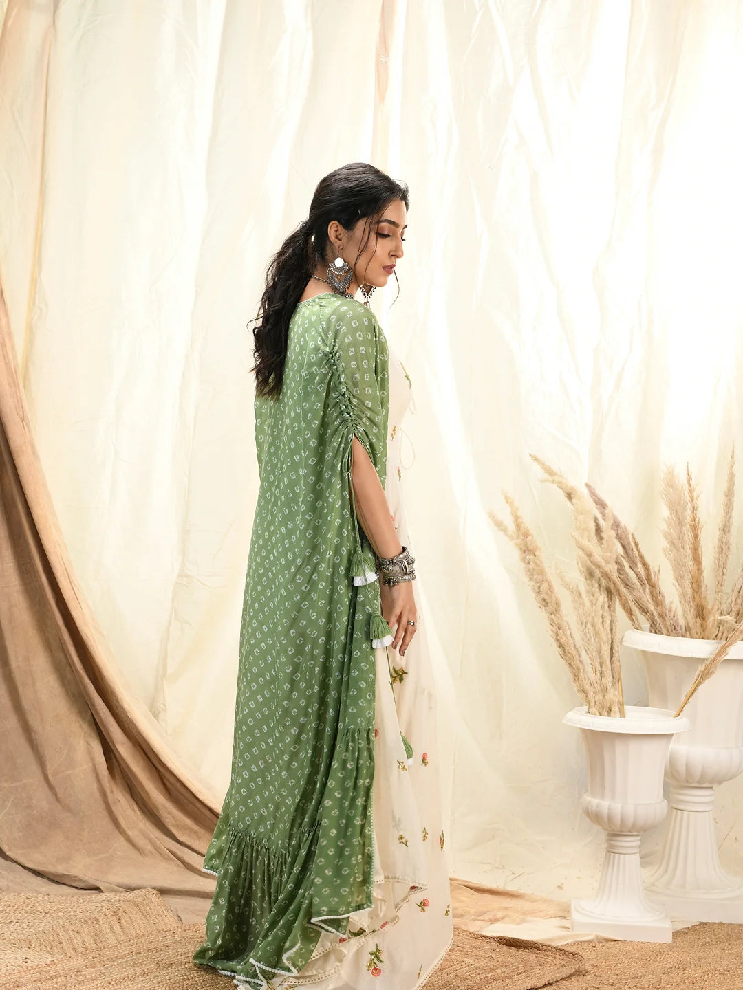 Floral embroidered asymmetrical kurta/dress with  bandhni cape
