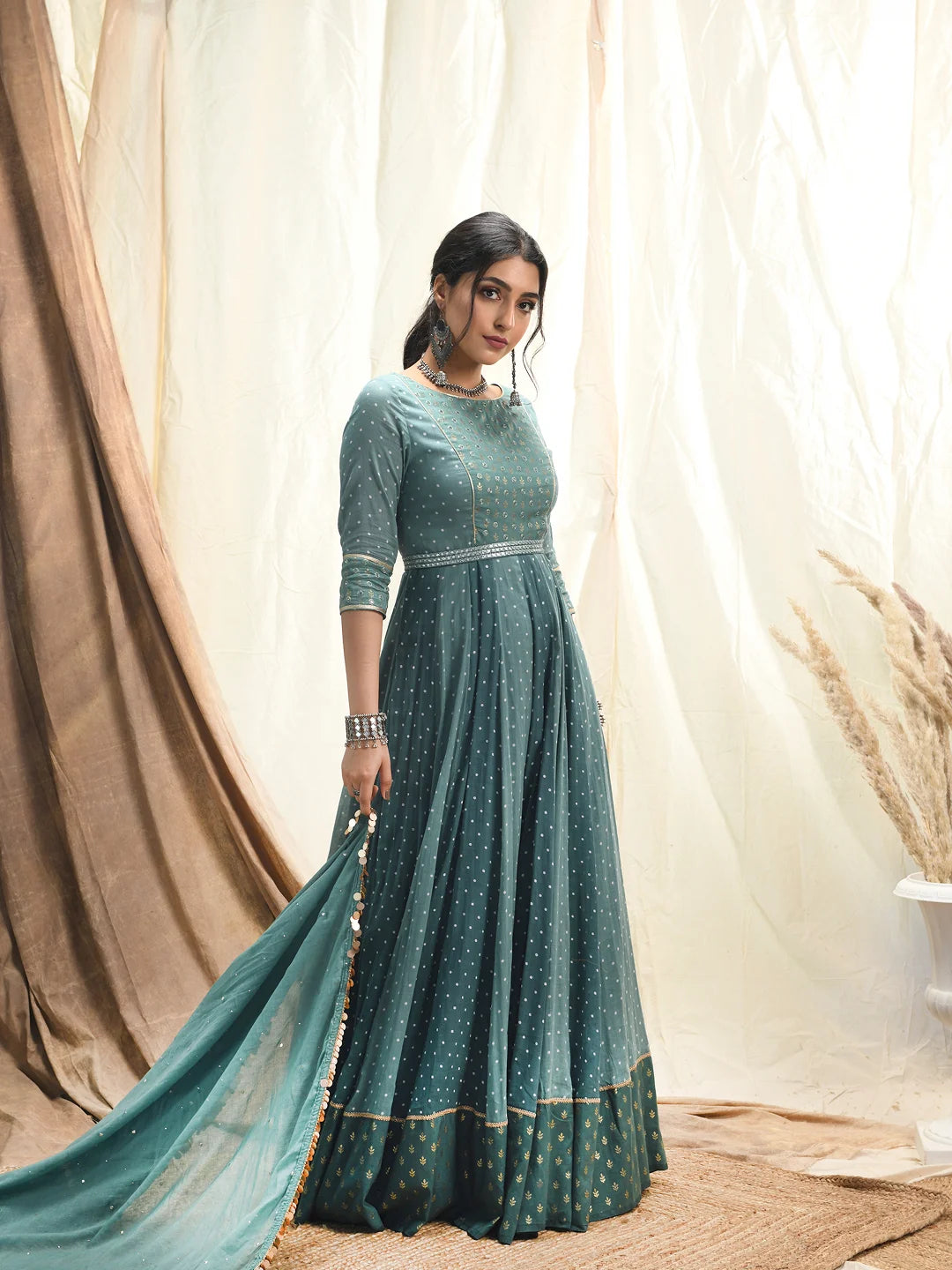 Polka dot & leaf printed anarkali set