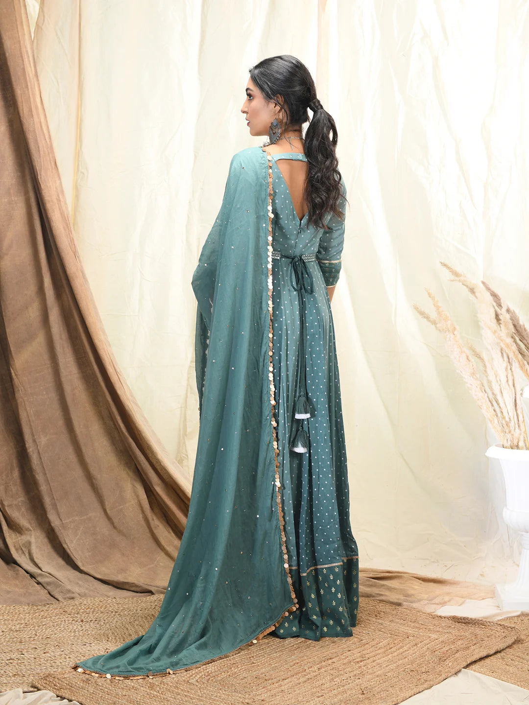 Polka dot & leaf printed anarkali set