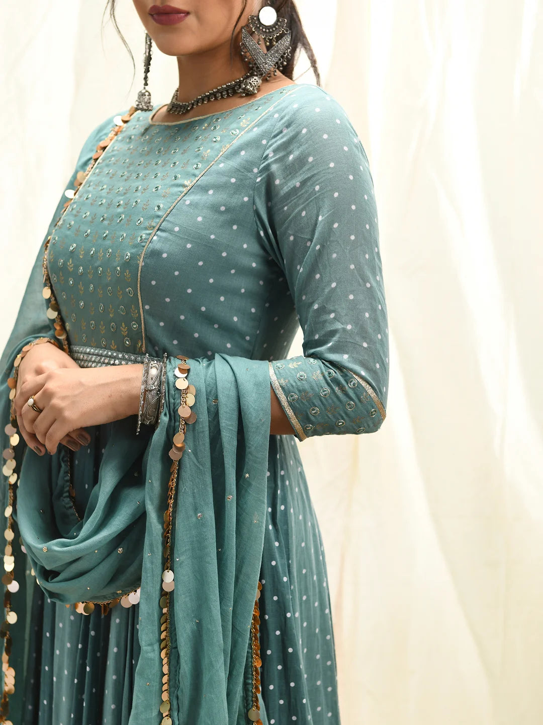 Polka dot & leaf printed anarkali set